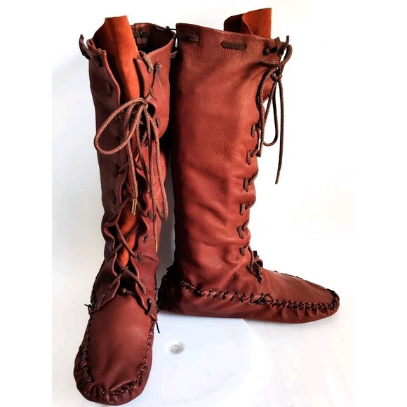 Ramble Leather Dark Brown Elk Deer Handmade Knee High Boots Size 10 Lace-Up Back - Picture 9 of 11